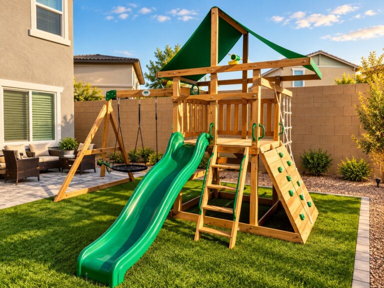 Wooden play set with a slide, swings and climbing wall
