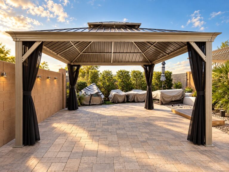 Aluminum gazebo with curtains on a paver patio