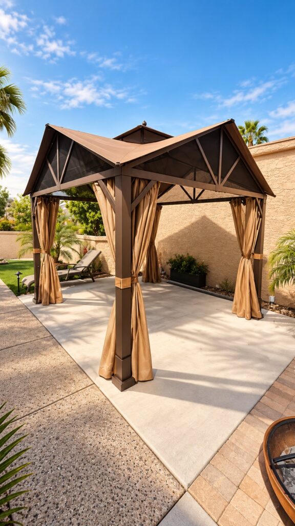 Gazebo with fabric curtains on a patio