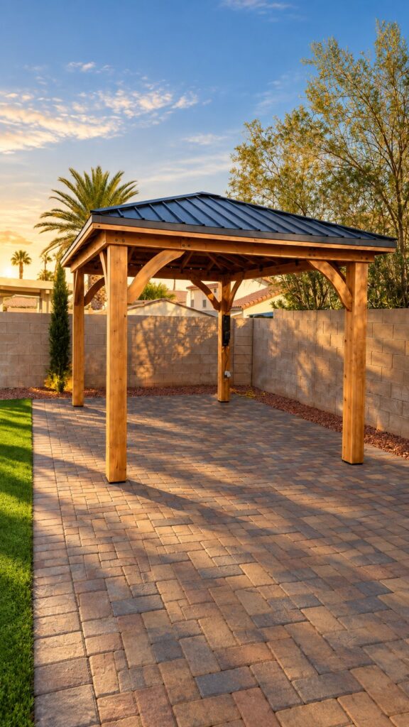 Cedar pavilion on a paver patio