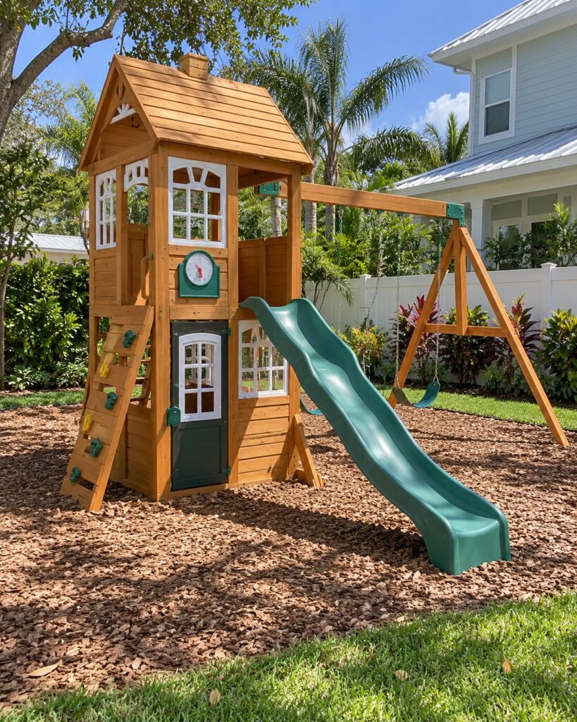 Wooden playhouse with a slide and swing set