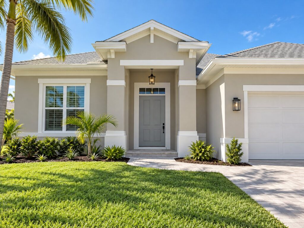 Single-story home repainted in warm gray with white trim
