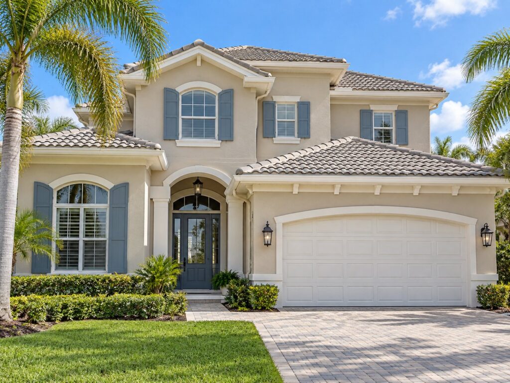 Two-story home painted beige with blue shutters