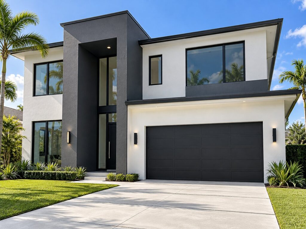Modern two-story home painted white and charcoal