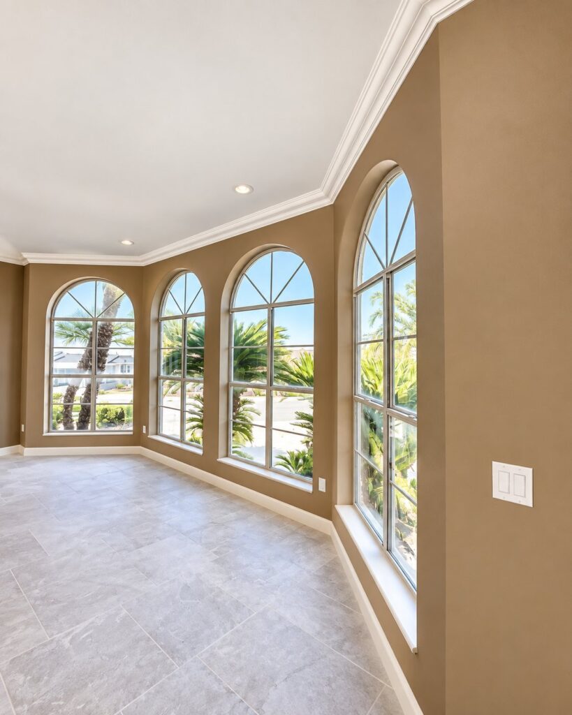 Sunroom with arched windows in warm brown paint