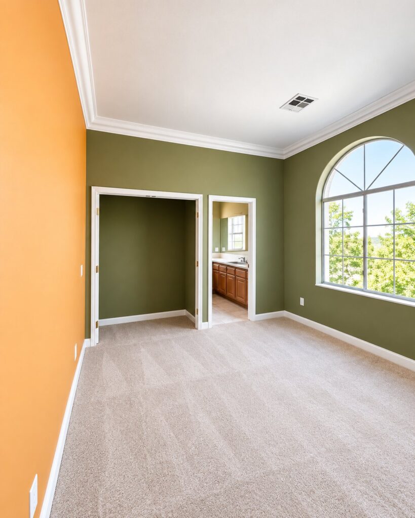 Room painted olive green with an orange accent wall