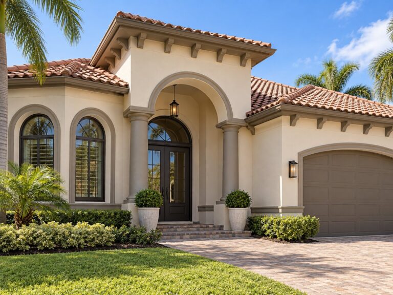 Mediterranean home exterior painted in warm beige