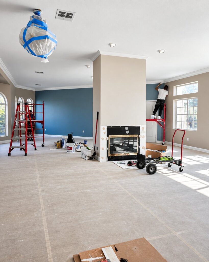 Interior painting in progress with the floors and fixtures protected