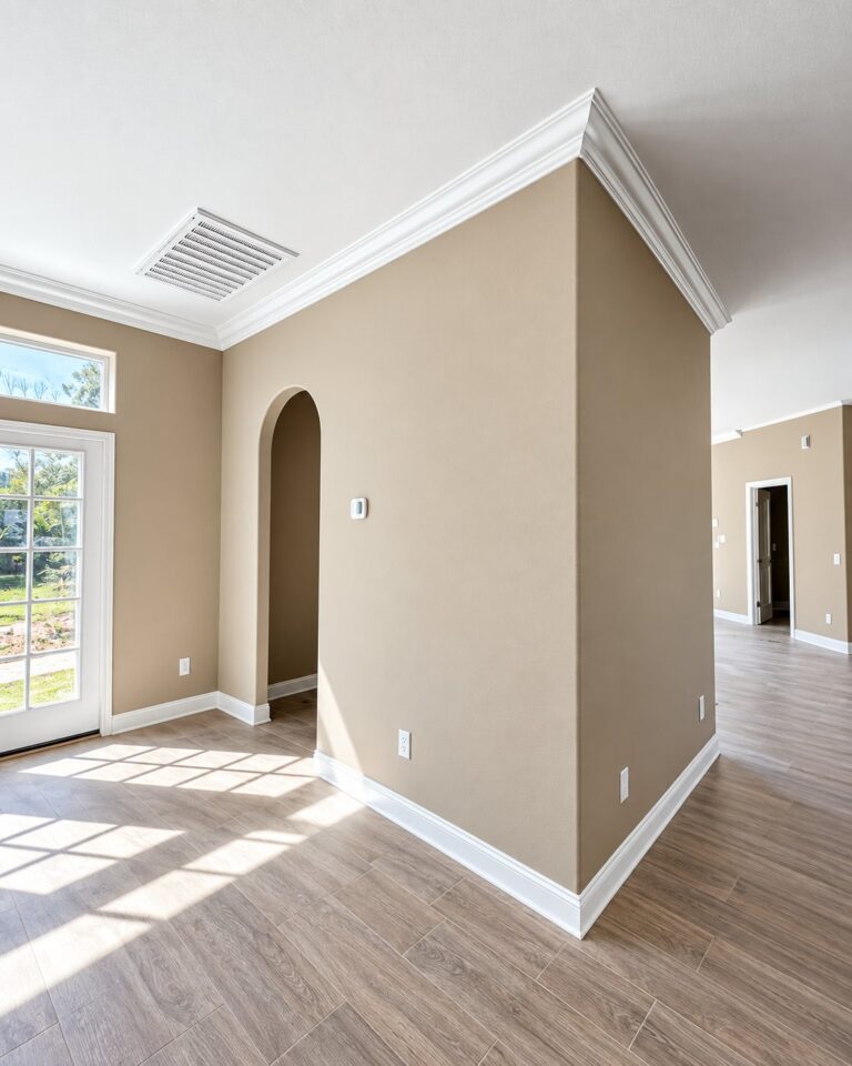 Room in warm greige with crisp white crown molding and baseboards