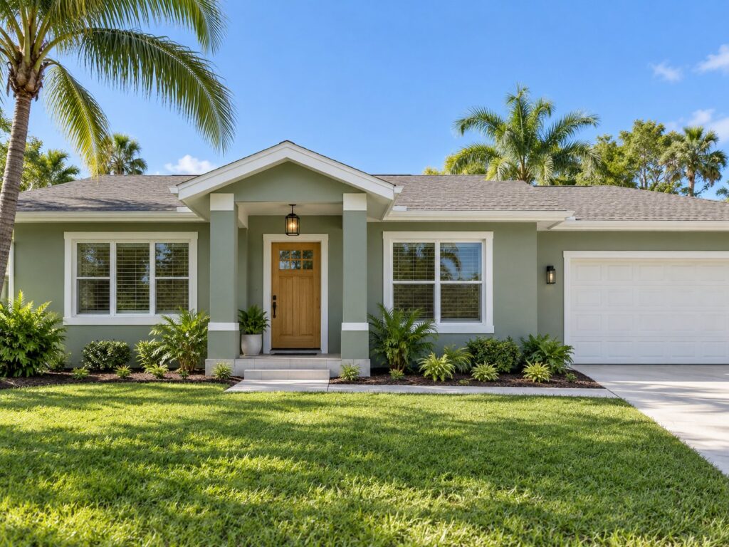 Home exterior painted sage green with white trim