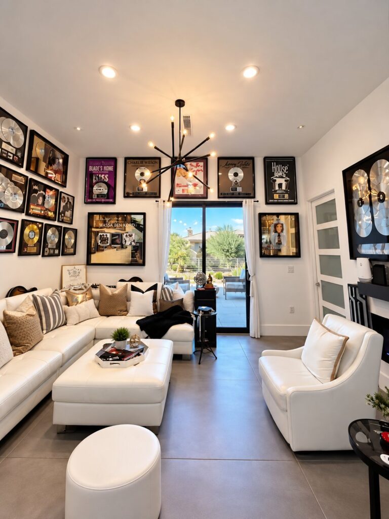 Living room with framed records hung on the walls