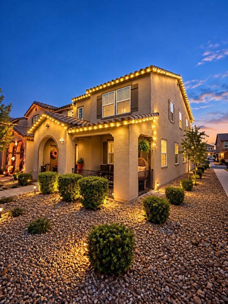 Home with holiday lights along the roofline at dusk