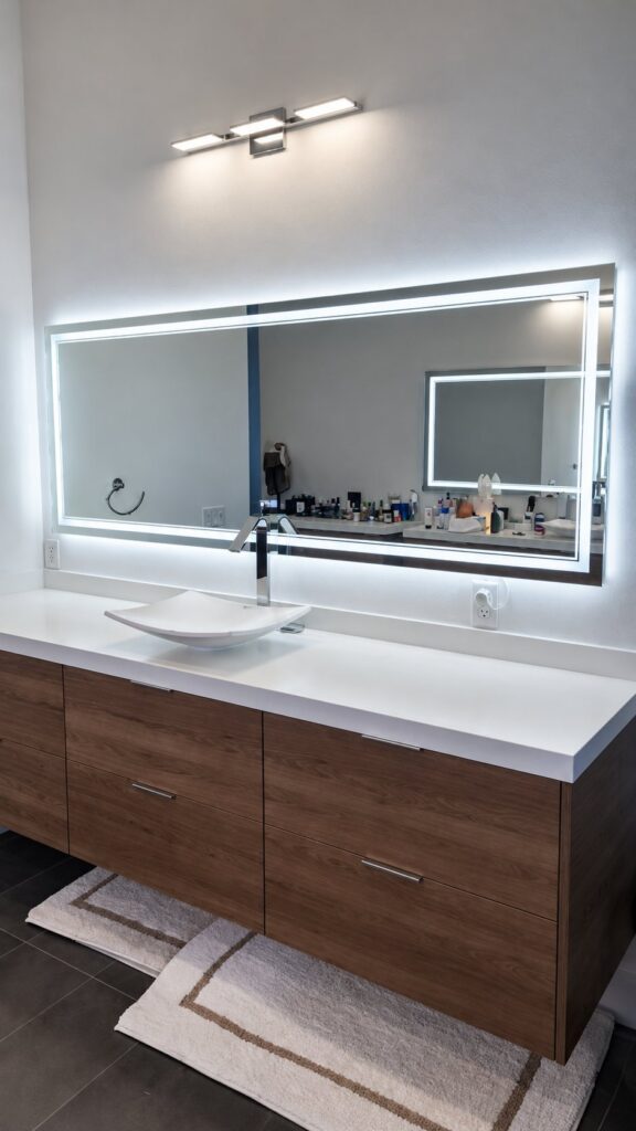 Floating vanity with a backlit LED mirror