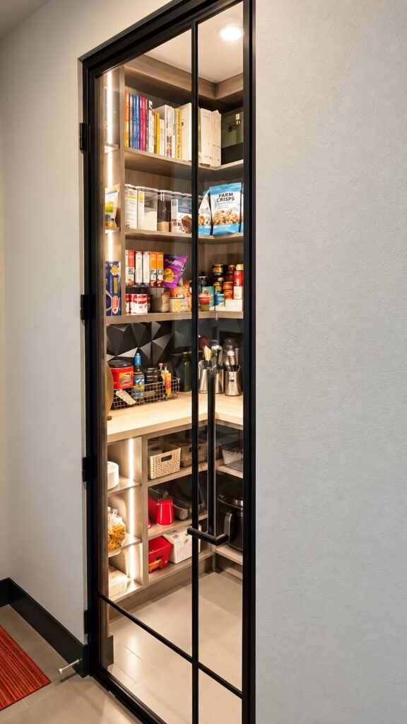 Pantry with a black-framed glass door