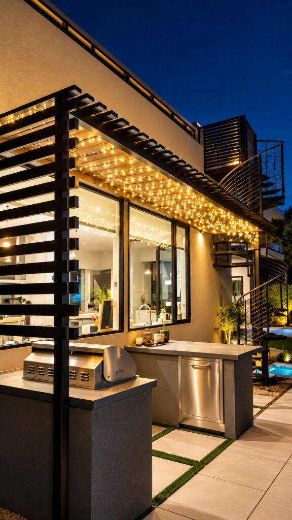 Outdoor kitchen with string lights at night