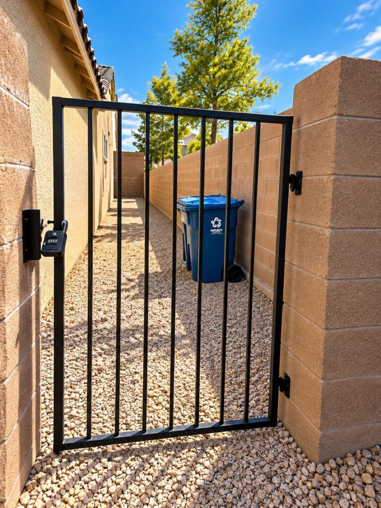 New black metal side yard gate
