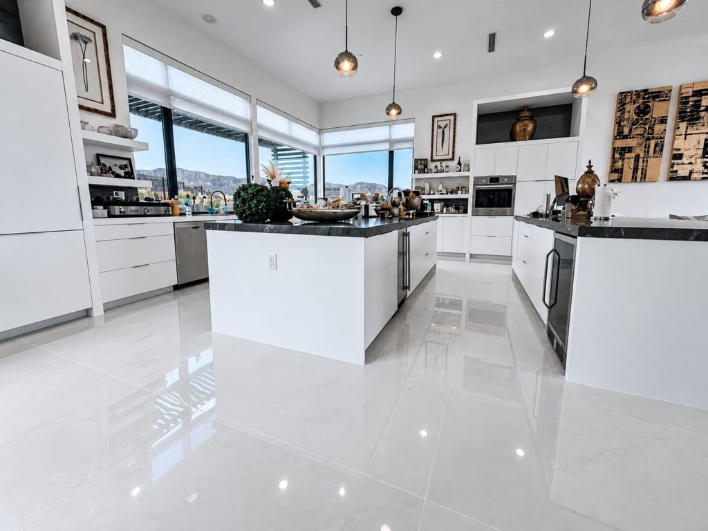White kitchen with large polished white porcelain floors