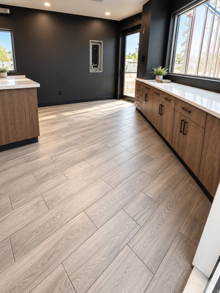 Kitchen with wood-look porcelain plank floor tile