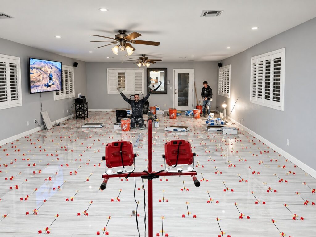 Large-format floor tile going down with leveling clips