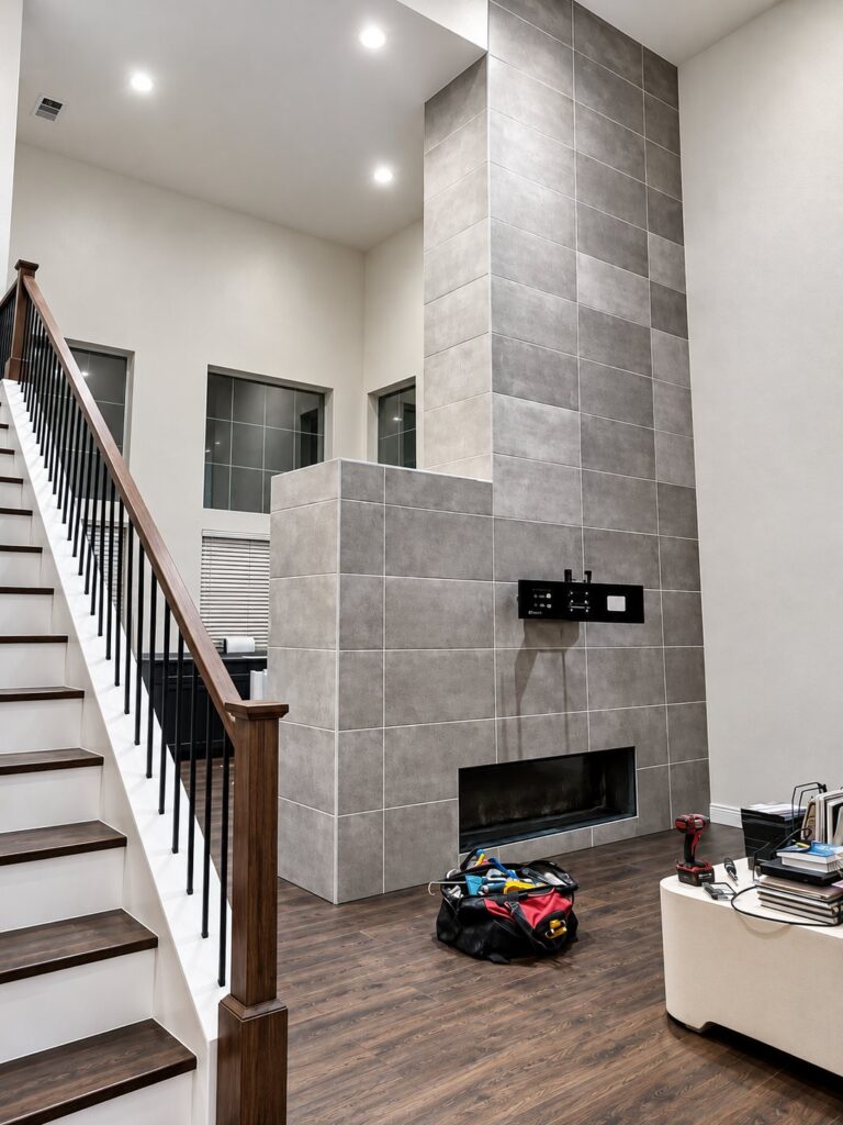 Fireplace wall in large gray tile during the build