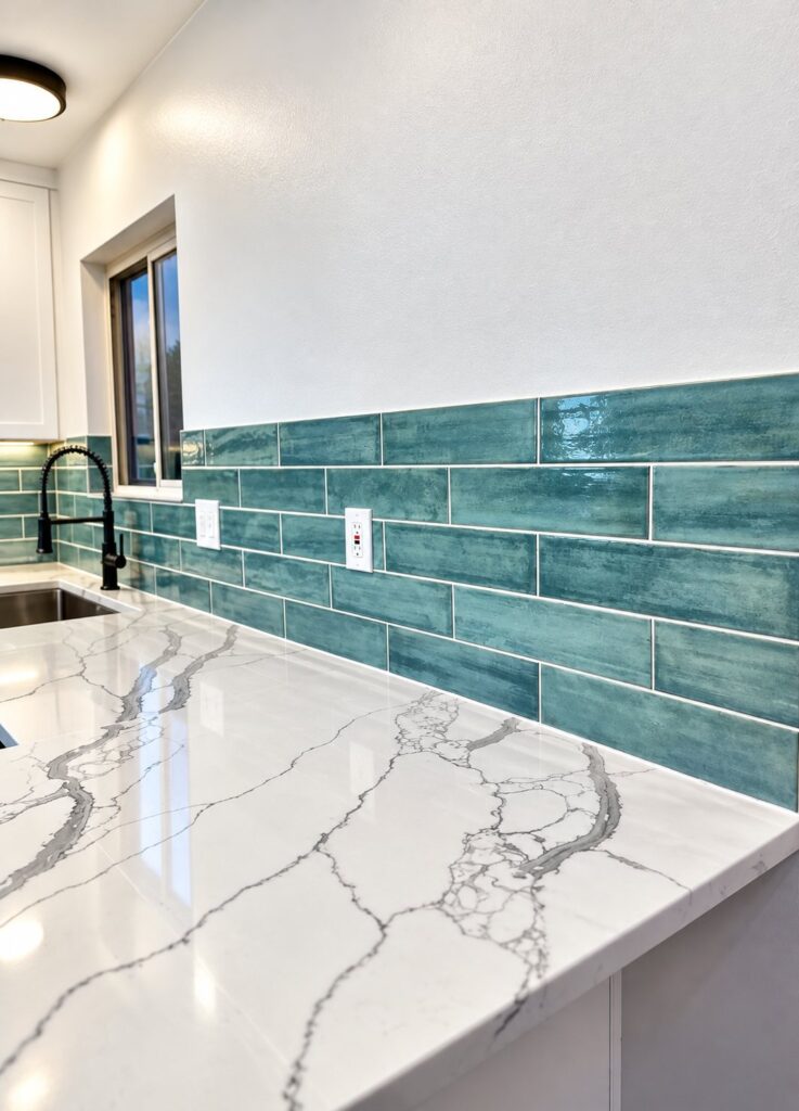 Teal glass subway tile backsplash