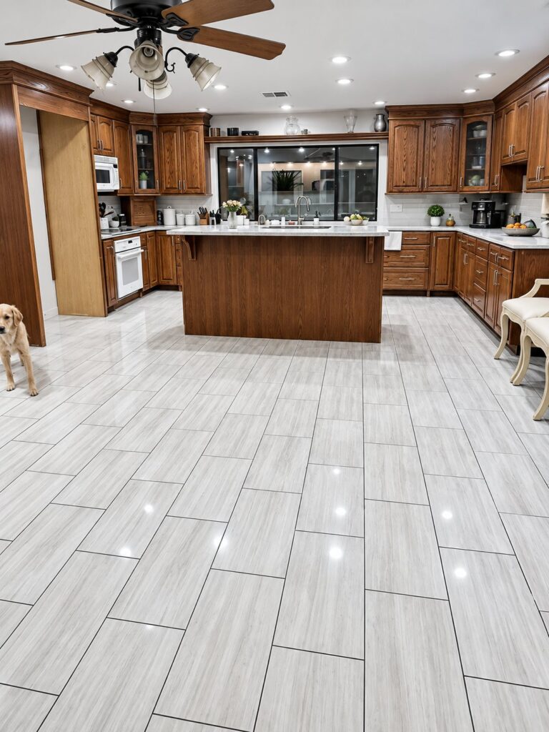 Kitchen with gray plank-look tile floors